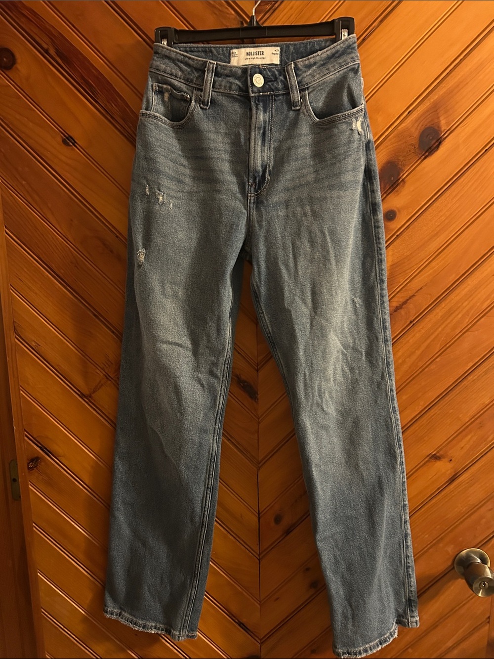 Blue Ultra High-Rise Dad Straight Jeans with Subtle Distress